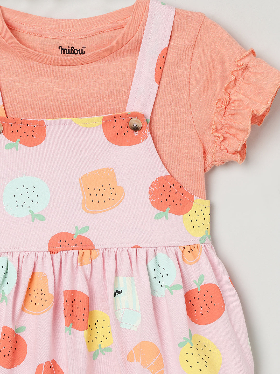 Milou Girls Cotton Printed Pinafore Set Pink Fruit Print Set