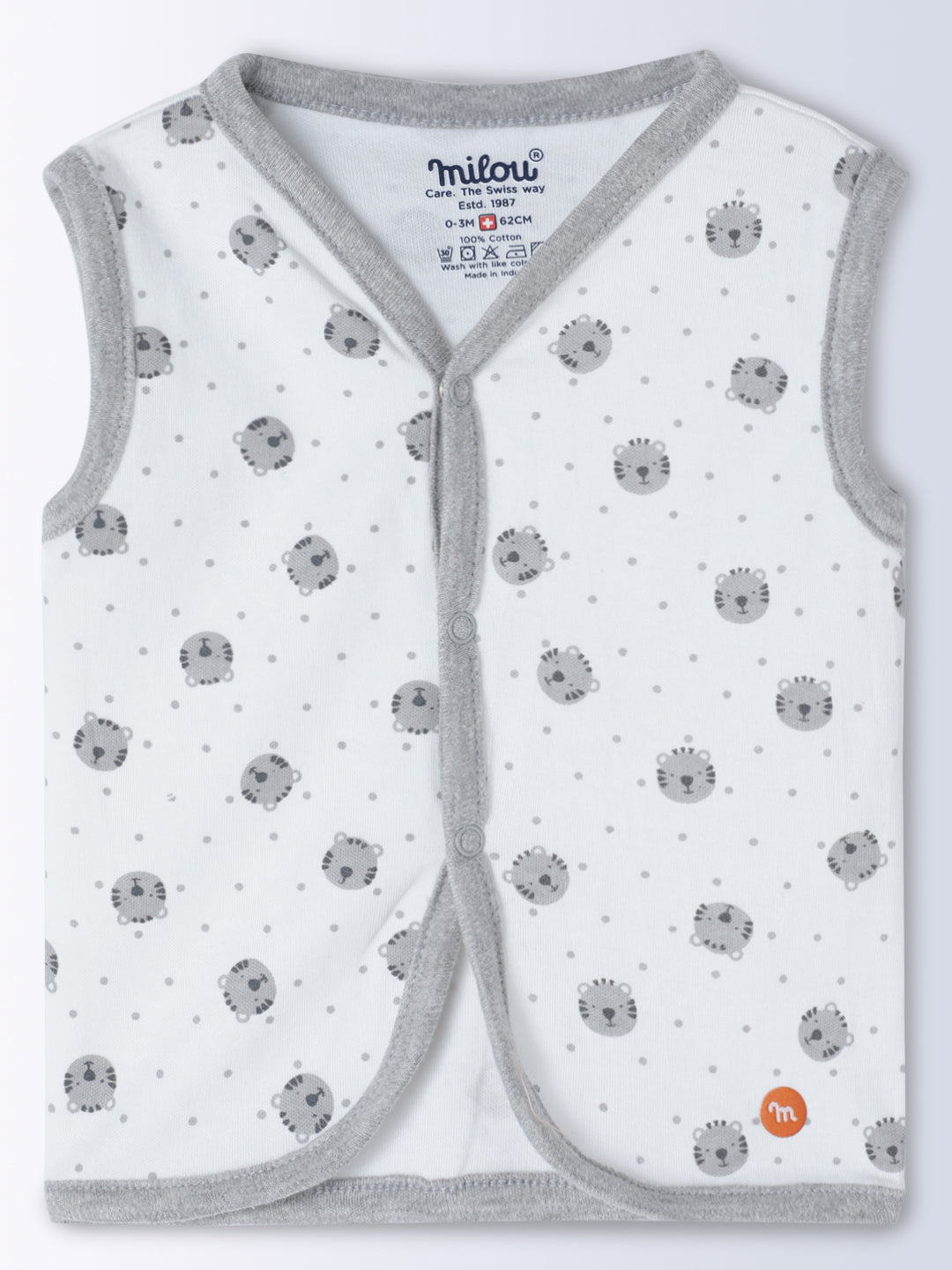 Milou Kids Cotton Bio Washed Bear Printed Pack of 3 Jabla for Boys & Girls - White