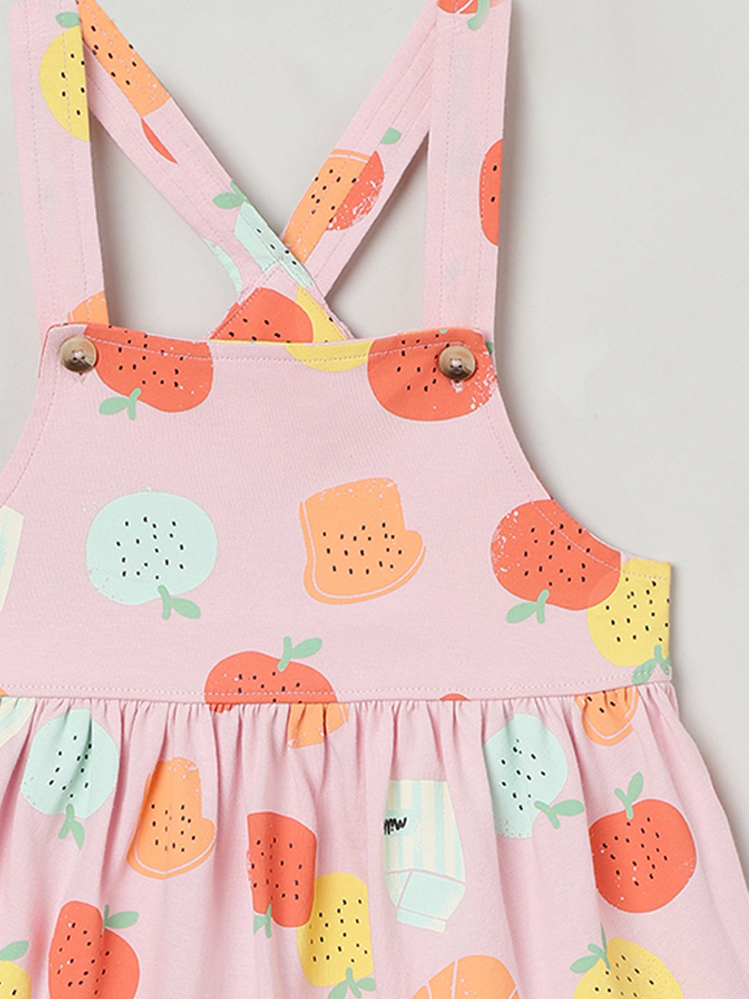 Milou Girls Cotton Printed Pinafore Set Pink Fruit Print Set