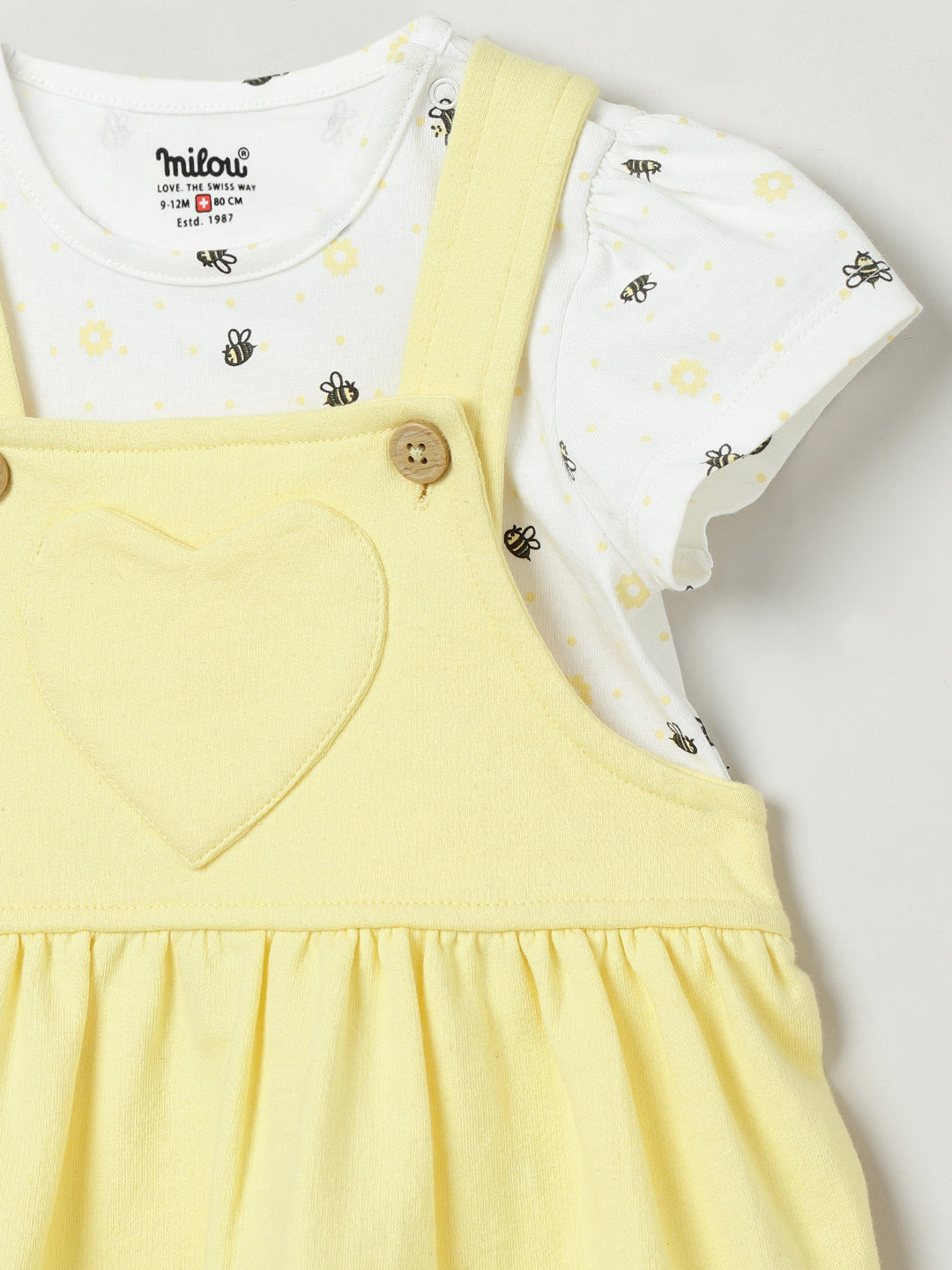Milou Kids Cotton Bio Washed Self- Designed Pinafore Set for Girls -White & Yellow