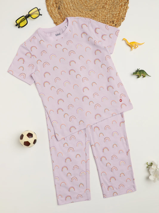 Milou Cotton Bio Washed Printed Short Sleeve Homewear T-Shirt And Pajama Set -Pink