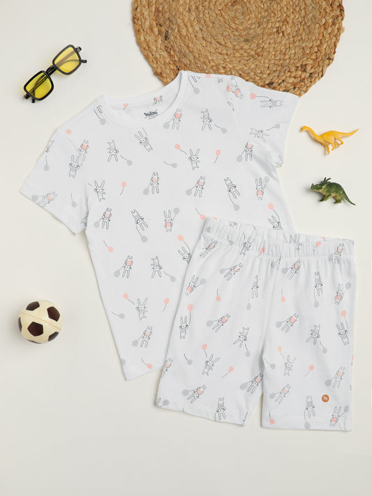Milou Cotton Bio Washed Printed Short Sleeve Homewear T-Shirt And Pajama Set -Off White