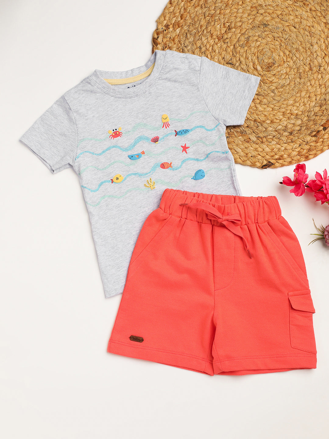 Milou Cotton Half Sleeve Bio Washed Printed T-Shirt and Shorts Set - Grey and Orange