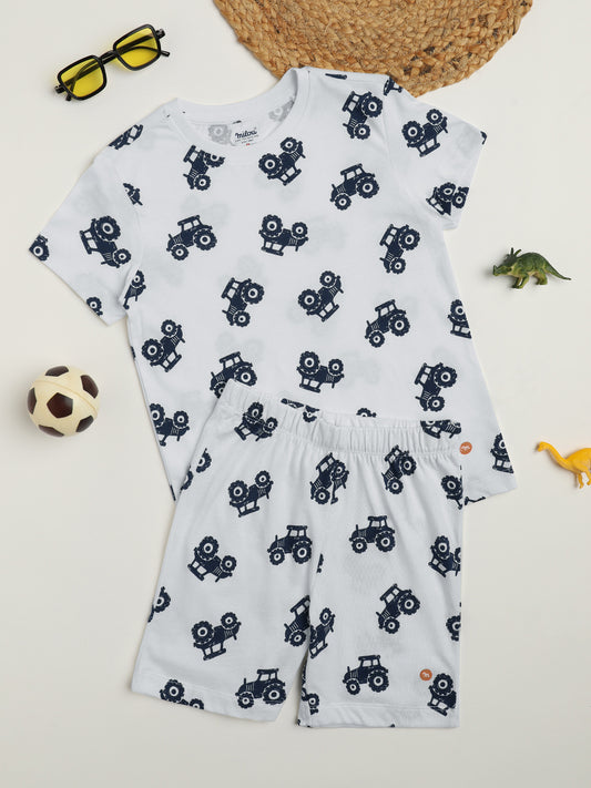 Milou Cotton Half Sleeves Bio Washed Printed Homewear T-Shirt And Shorts Set - White