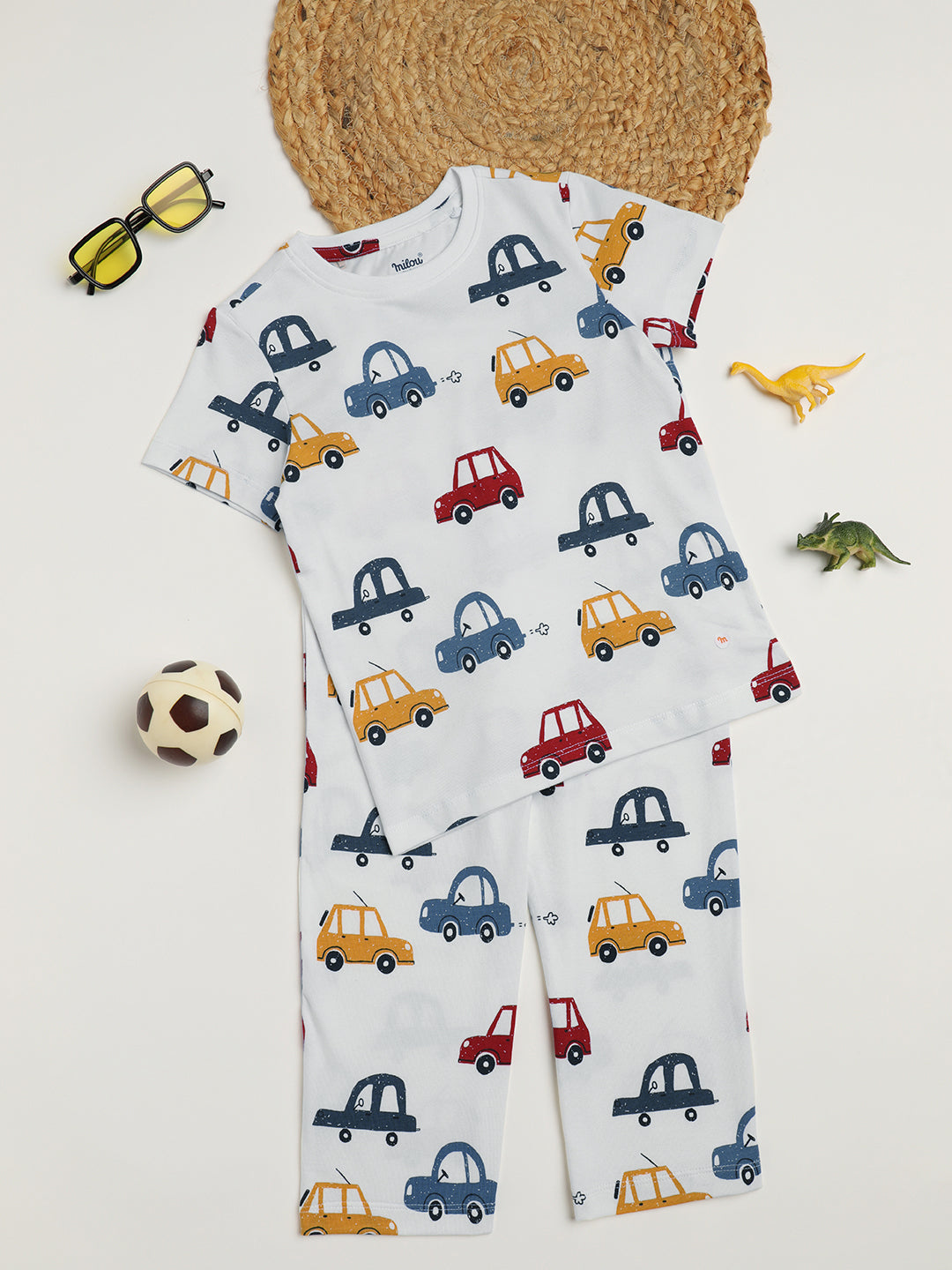 Milou Cotton Half Sleeves Bio Washed Printed Homewear T-Shirt And Pajama Set - White