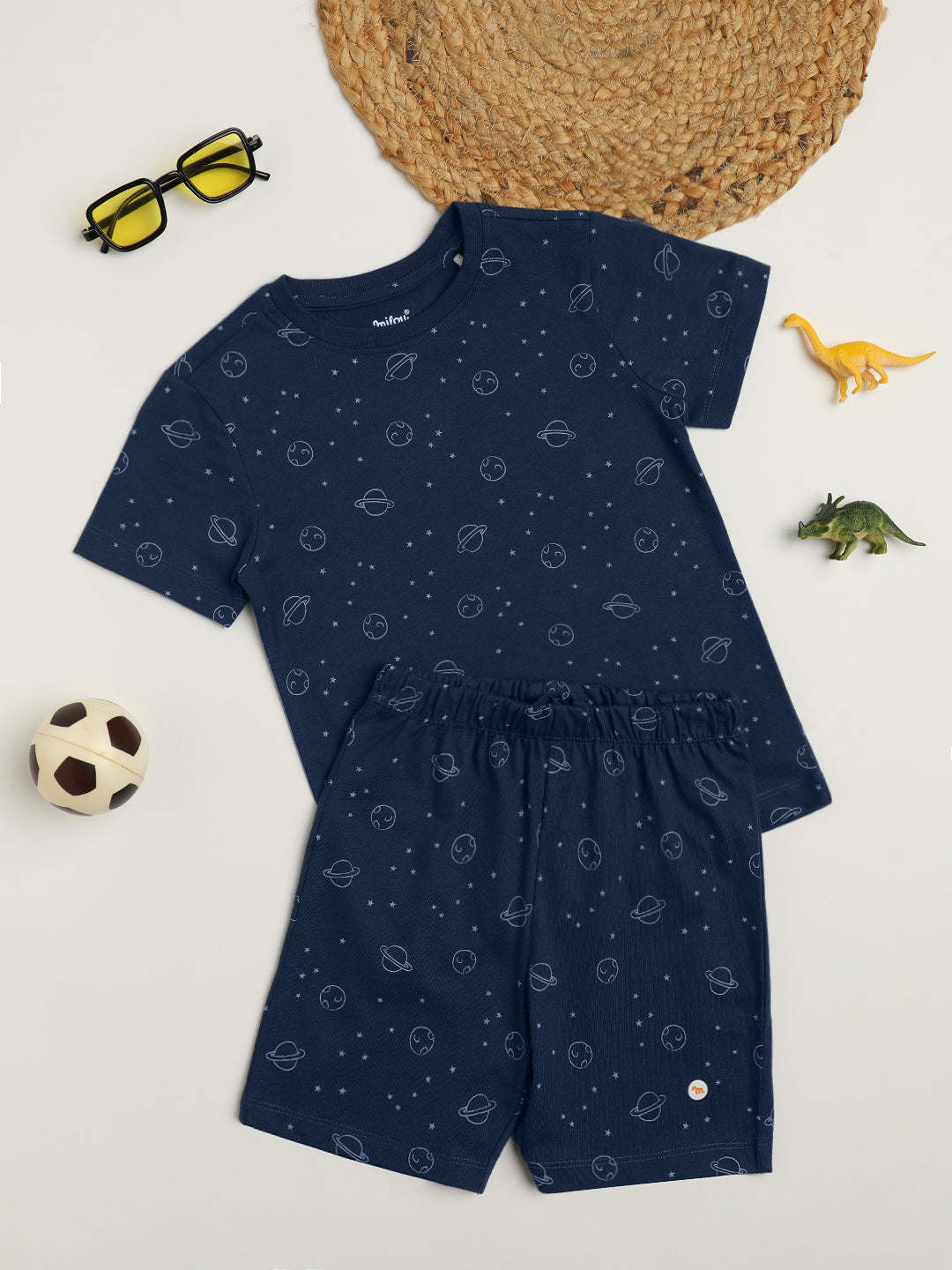 Milou Cotton Half Sleeves Bio Washed Printed Homewear T-Shirt And Shorts Set - Navy
