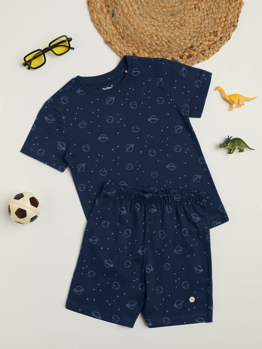 Milou Cotton Half Sleeves Bio Washed Printed Homewear T-Shirt And Shorts Set - Navy