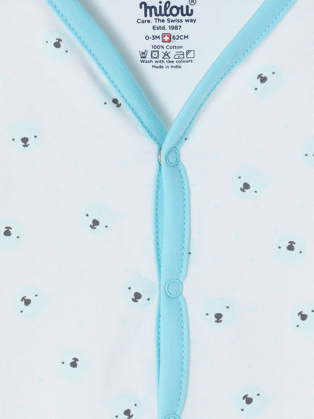 Milou Kids Cotton Bio Washed Bear Printed Pack of 3 Jabla for Boys & Girls - White