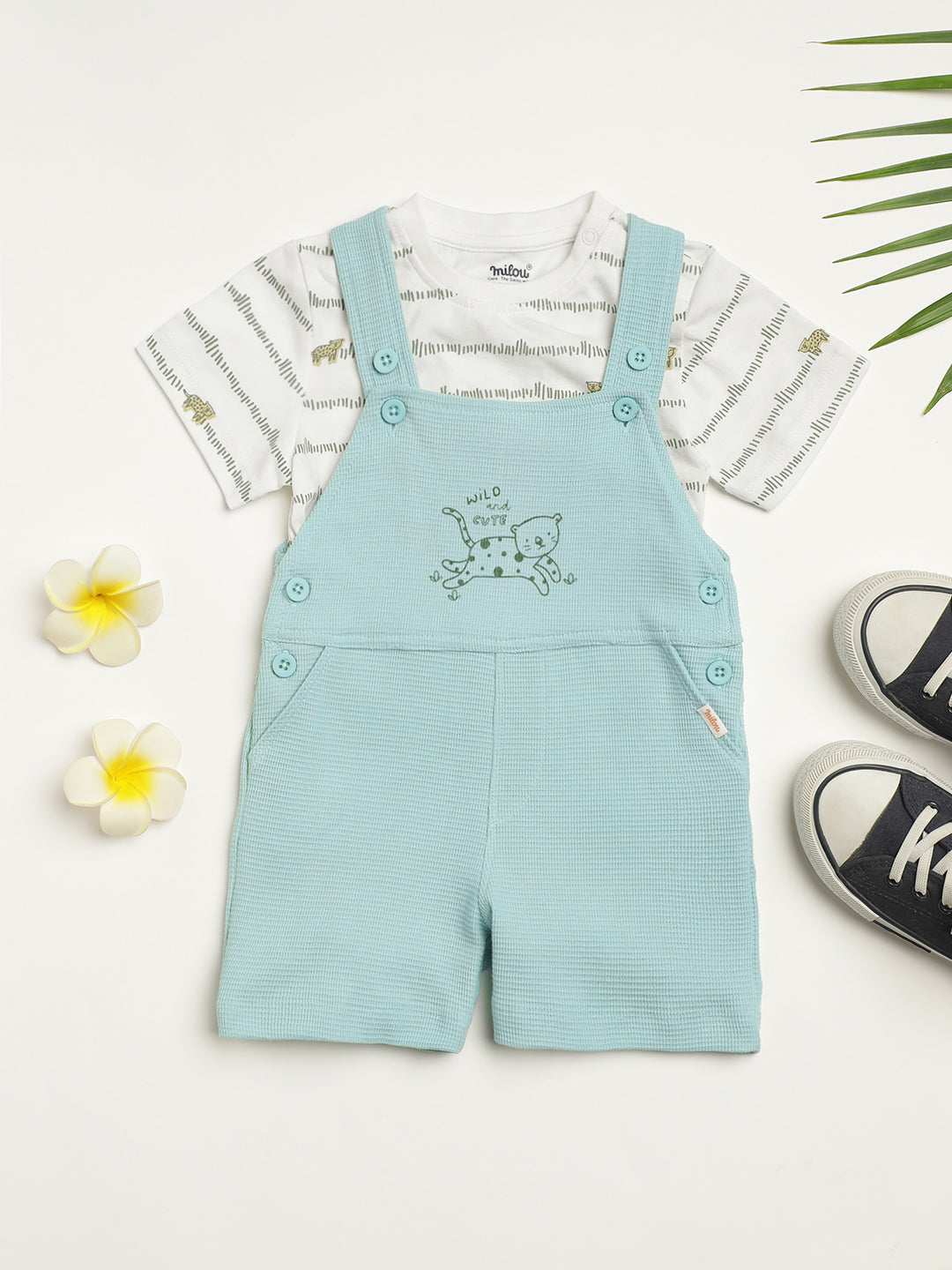 Milou Kids Cotton Bio Washed Half Sleeve Printed Dungaree Set for Boys - White & Green