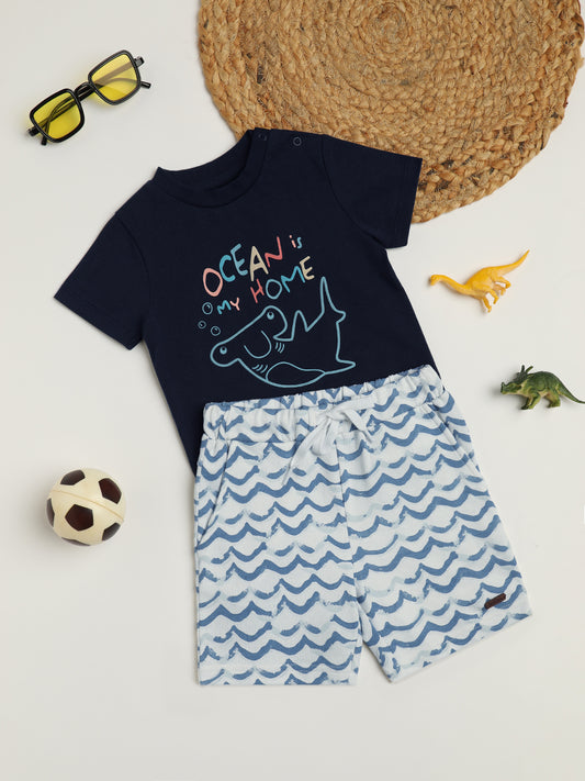 Milou Kids Half Sleeve Cotton Bio Washed Printed T-Shirt & Shorts Co-ord Set for Boys -Insignia Blue