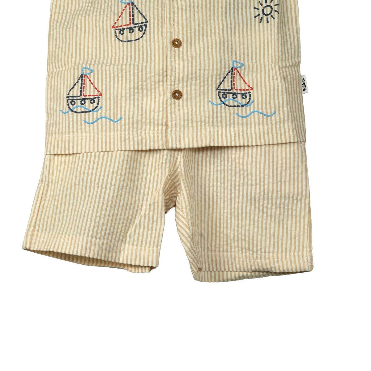 Milou boys shorts flat lay, white beige striped set Milou - Care. The Swiss Way