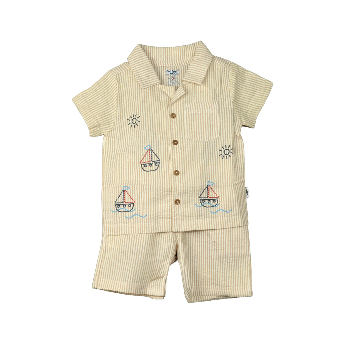Milou boys S/S shirt and shorts co-ord set, white beige striped