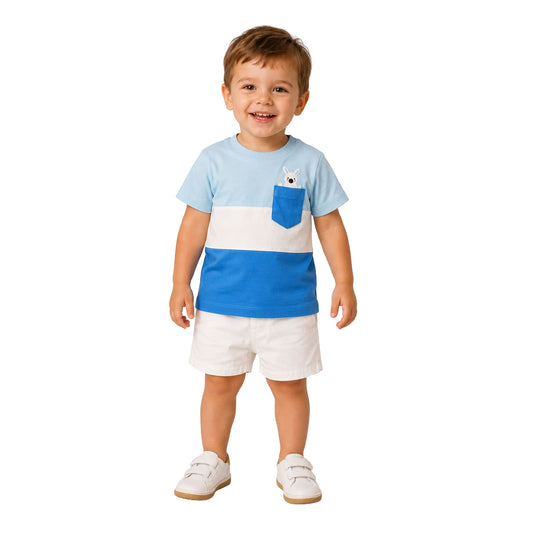 Milou Boys T-Shirt and Shorts Co-Ord Set in blue - worn on model