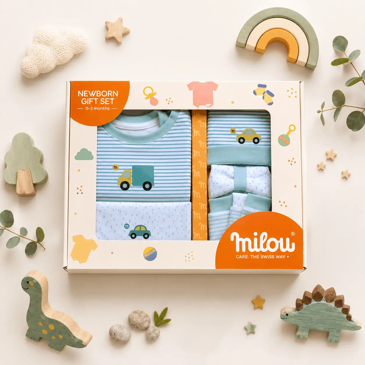 Milou Newborn 5-Piece Clothing Gift Set | Blue | 0-3 Months | Transportation Print - Milou - Care. The Swiss Way