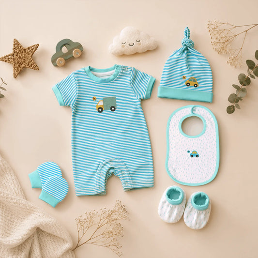 Milou Newborn 5-Piece Clothing Gift Set | Blue | 0-3 Months | Transportation Print - Milou - Care. The Swiss Way