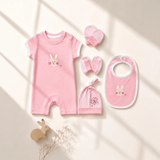 Milou Newborn 5-Piece Clothing Gift Set | Pink | 0-3 Months | Bunny Print - Milou - Care. The Swiss Way