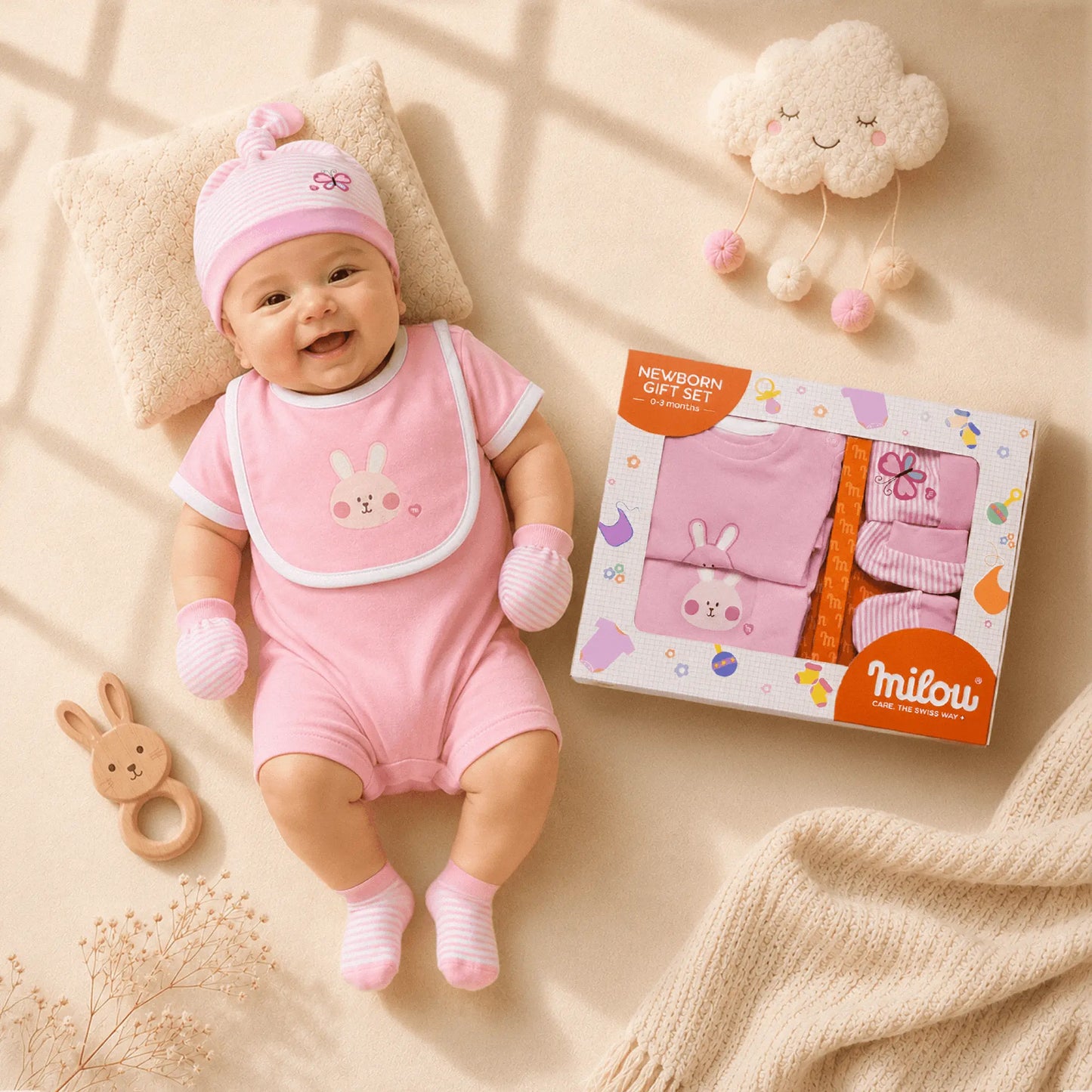 Milou Newborn 5-Piece Clothing Gift Set | Pink | 0-3 Months | Bunny Print - Milou - Care. The Swiss Way