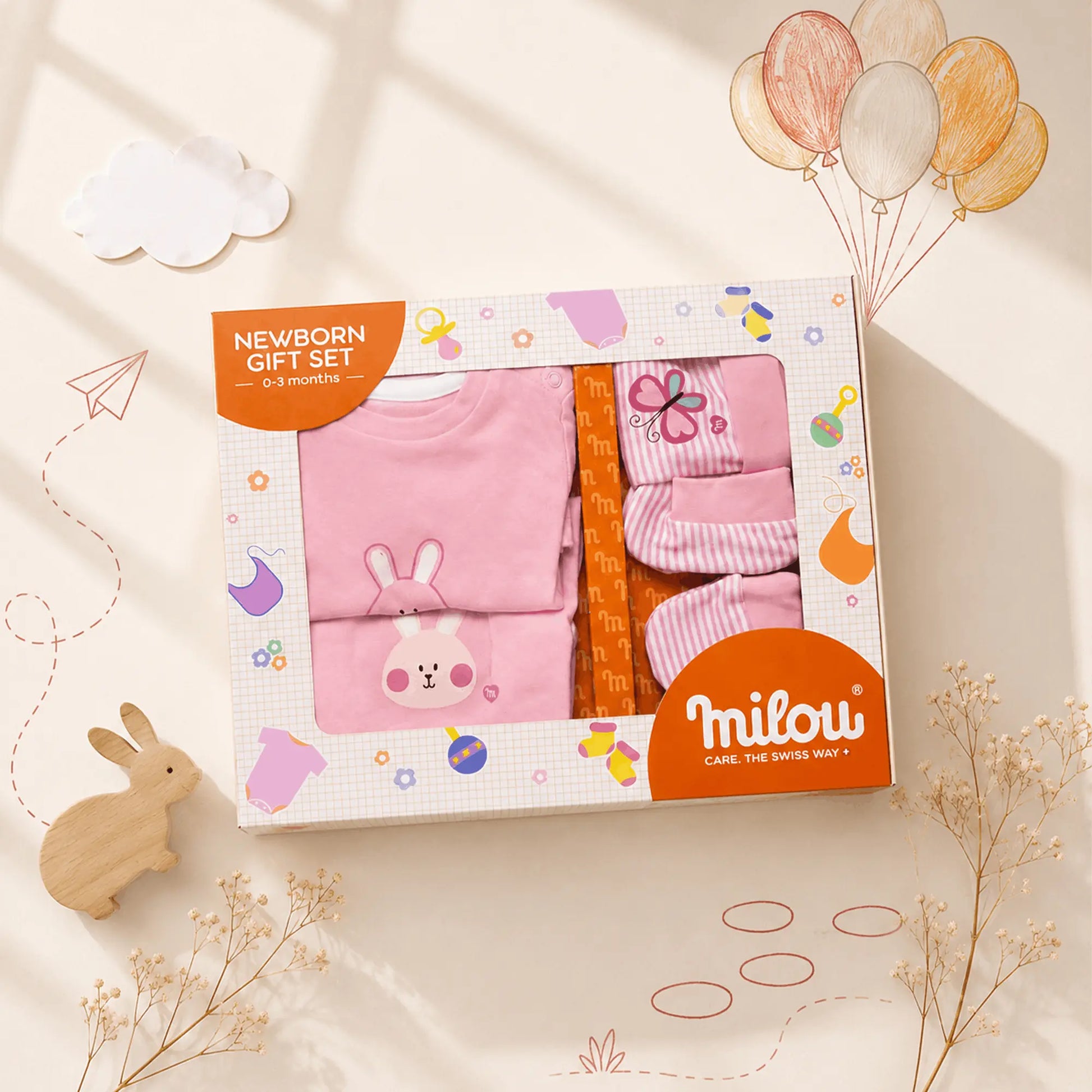 Milou Newborn 5-Piece Clothing Gift Set | Pink | 0-3 Months | Bunny Print - Milou - Care. The Swiss Way Milou - Care. The Swiss Way