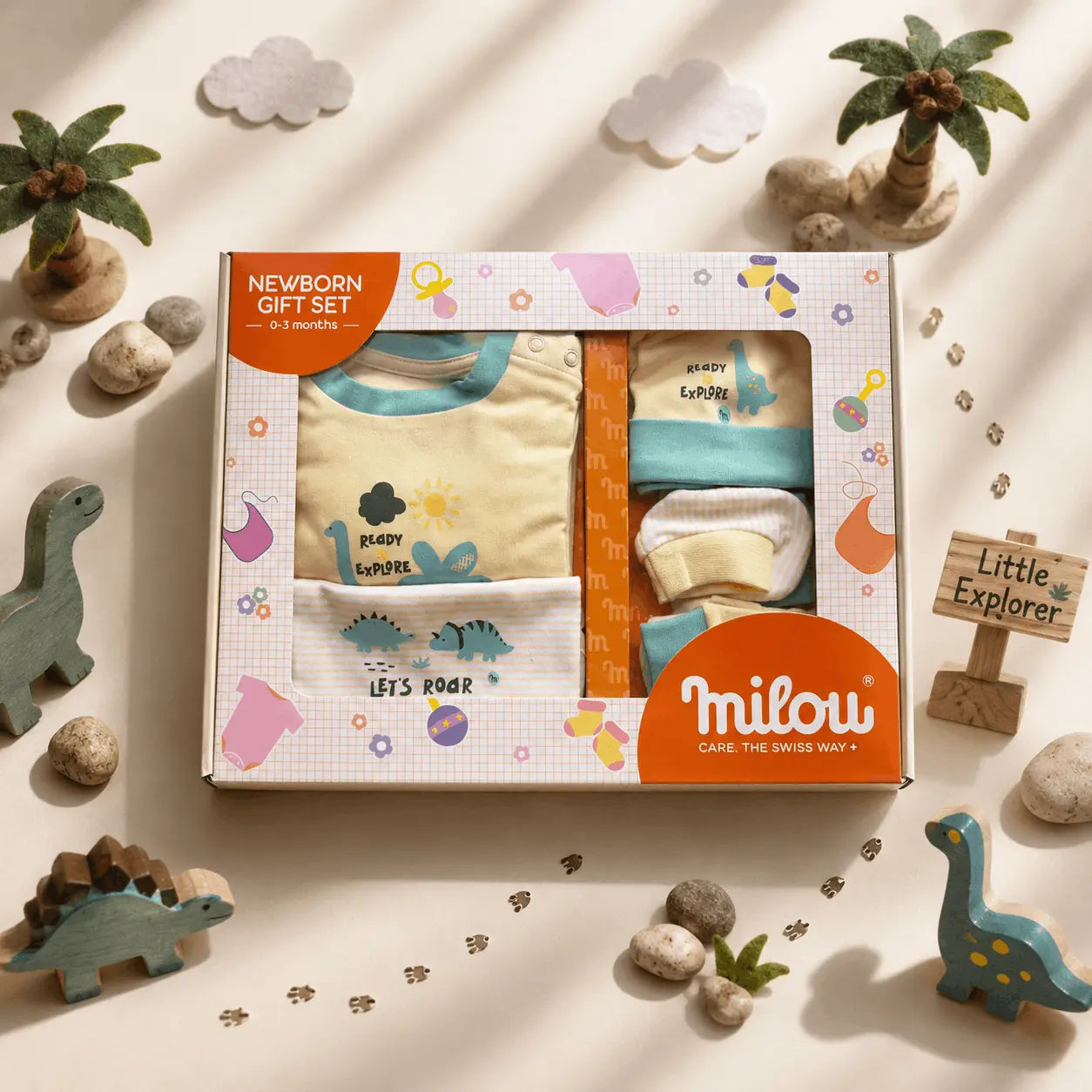 Milou Newborn 5-Piece Clothing Gift Set | Yellow | 0-3 Months | Dino Print - Milou - Care. The Swiss Way