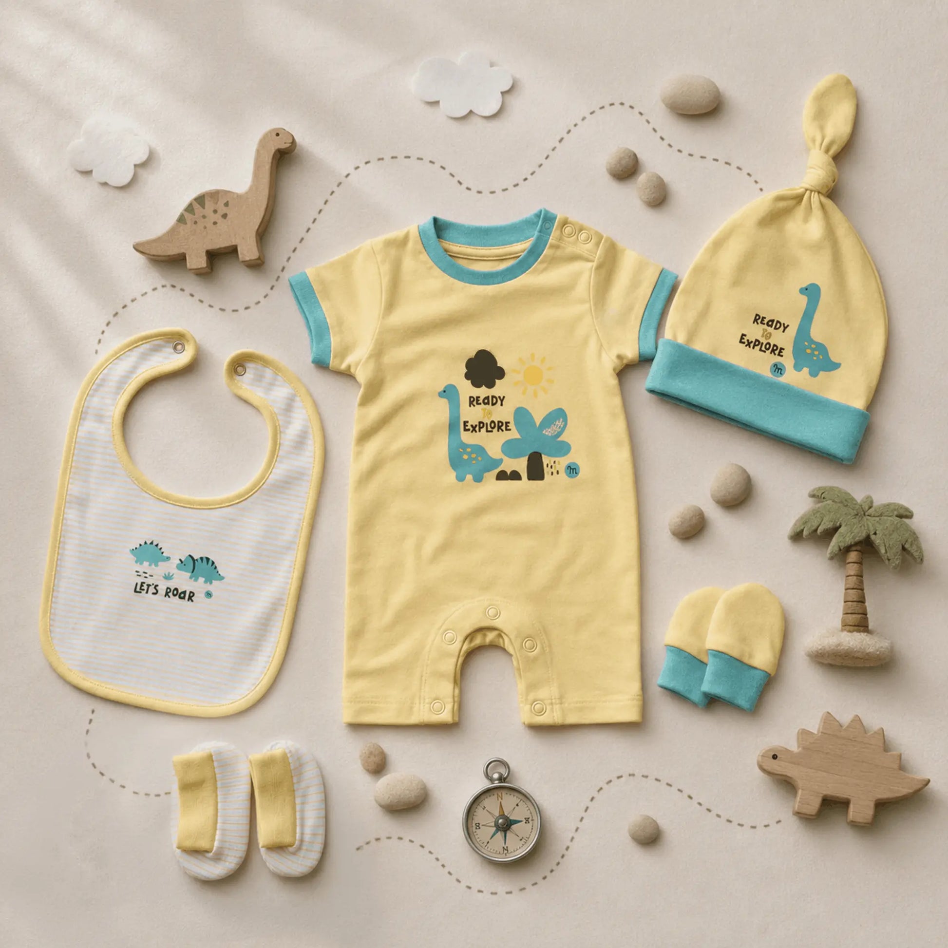 Milou Newborn 5-Piece Clothing Gift Set | Yellow | 0-3 Months | Dino Print - Milou - Care. The Swiss Way Milou - Care. The Swiss Way