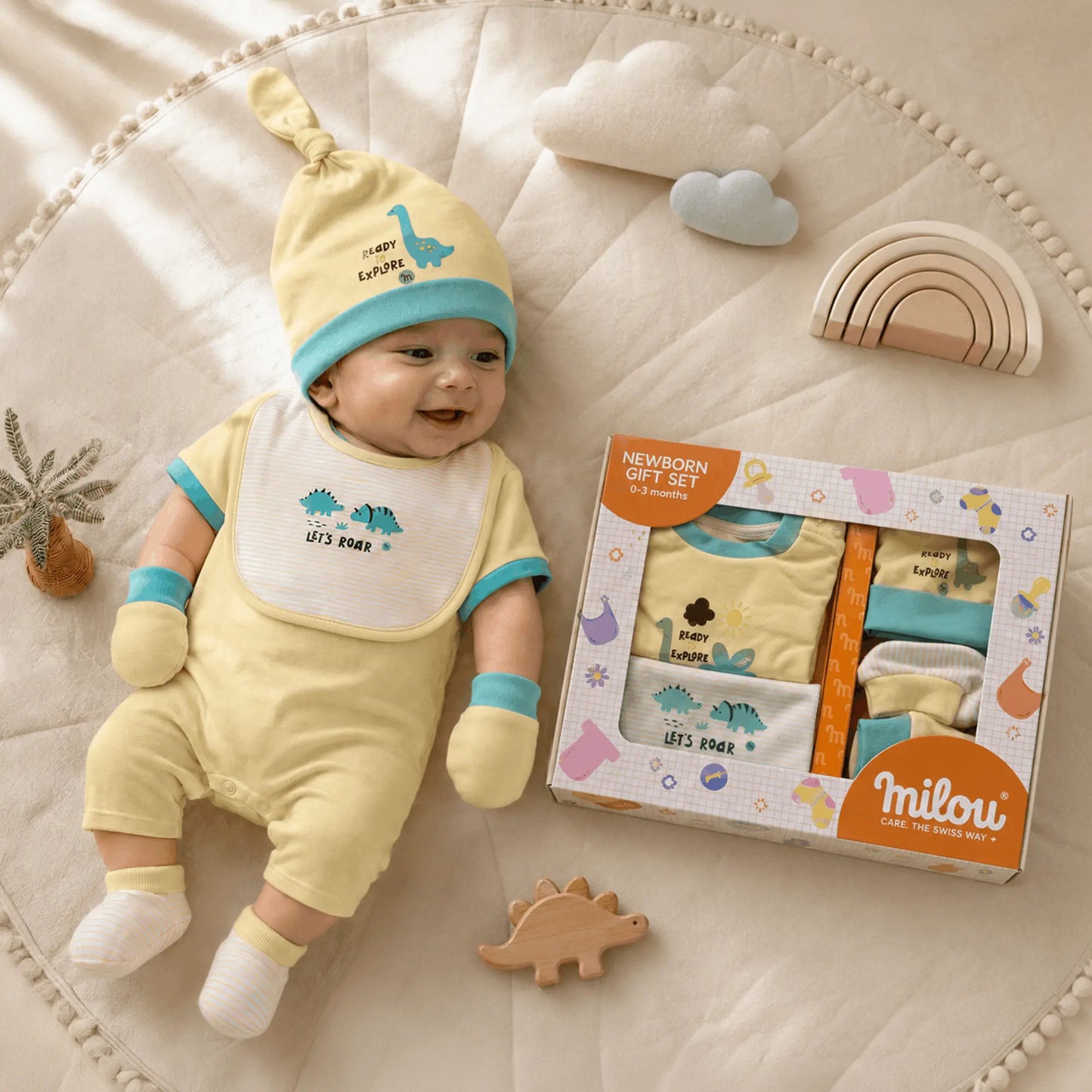 Milou Newborn 5-Piece Clothing Gift Set | Yellow | 0-3 Months | Dino Print - Milou - Care. The Swiss Way