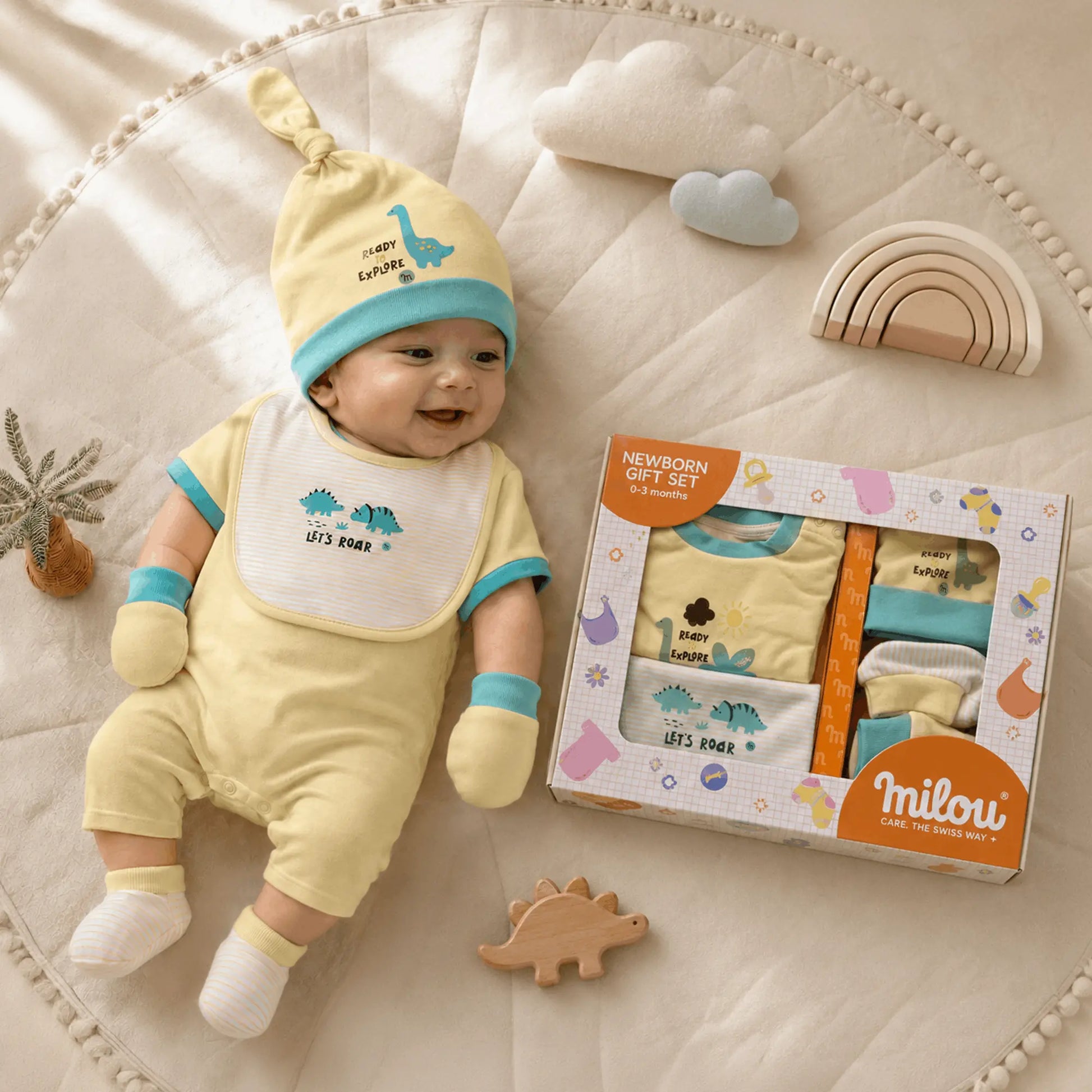 Milou Newborn 5-Piece Clothing Gift Set | Yellow | 0-3 Months | Dino Print - Milou - Care. The Swiss Way Milou - Care. The Swiss Way