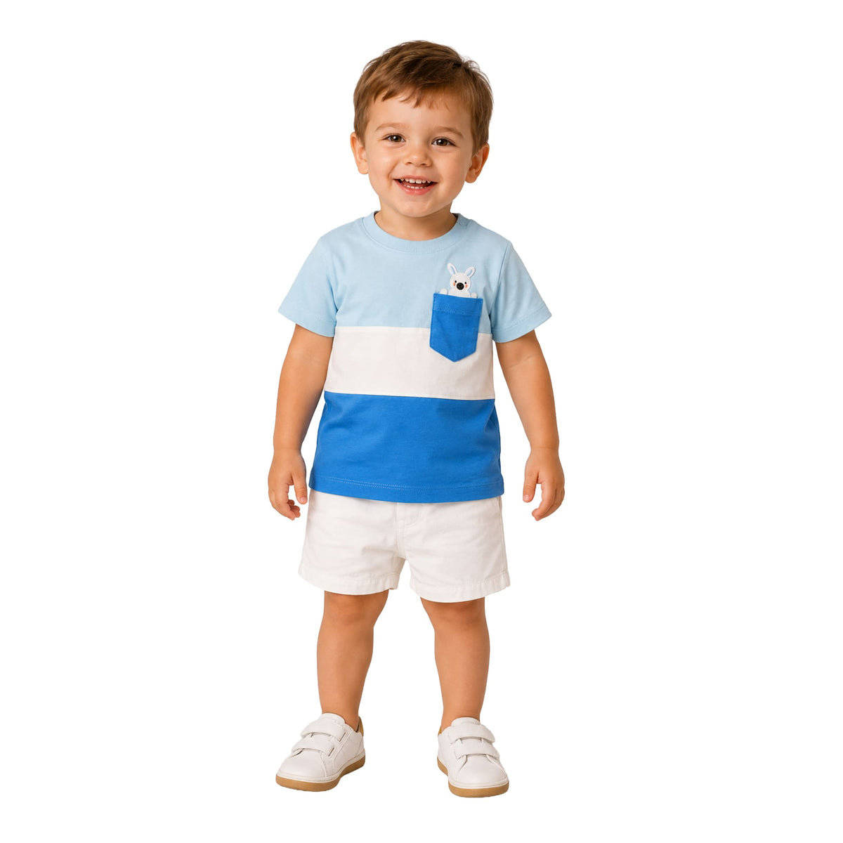 Milou Boys T-Shirt and Shorts Co-Ord Set in blue - worn on model Milou - Care. The Swiss Way