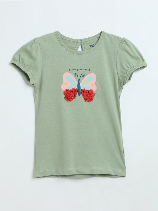 Milou Girls Butterfly Graphic T-Shirt Sage Green