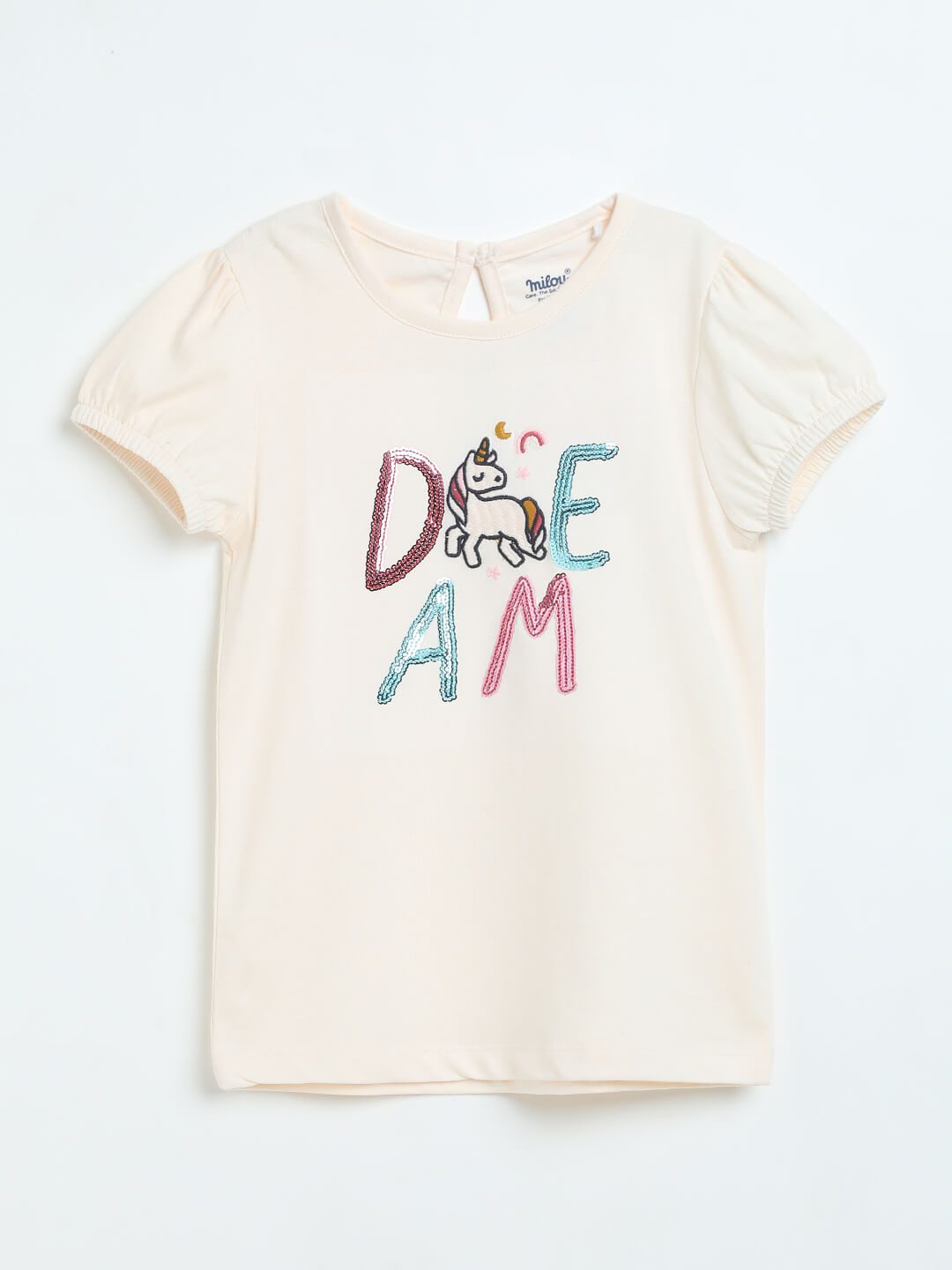 Milou Girls Pure Cotton Puff-Sleeve T-Shirt With Chest Embroidery