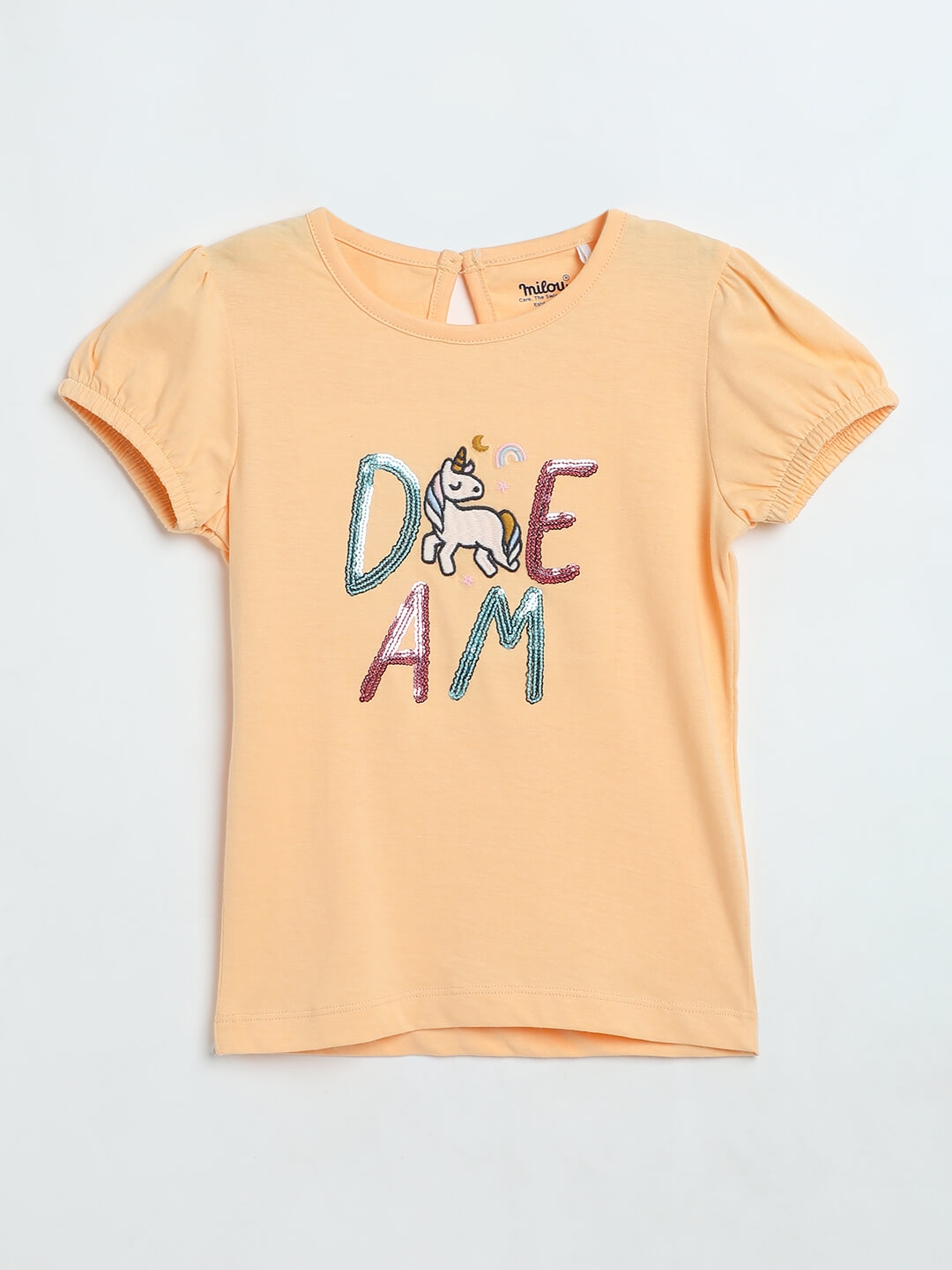 Milou Girls Pure Cotton Puff-Sleeve T-Shirt With Chest Embroidery