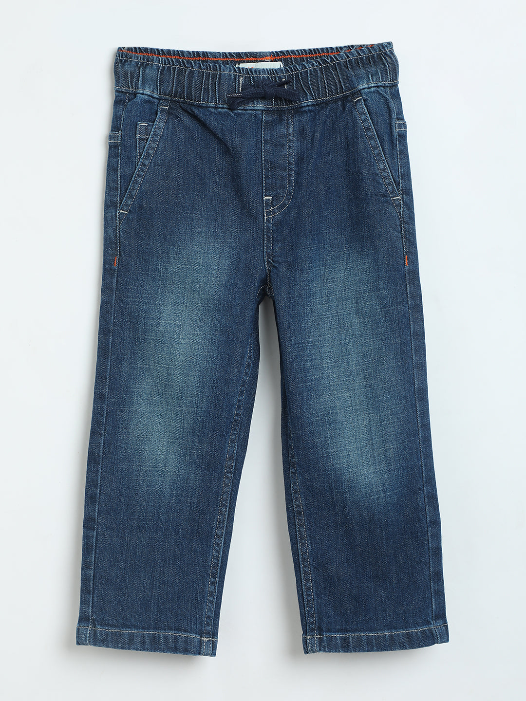 Boys Mid Blue Pullup Denim Pants | Soft Cotton Kids Casual Pants