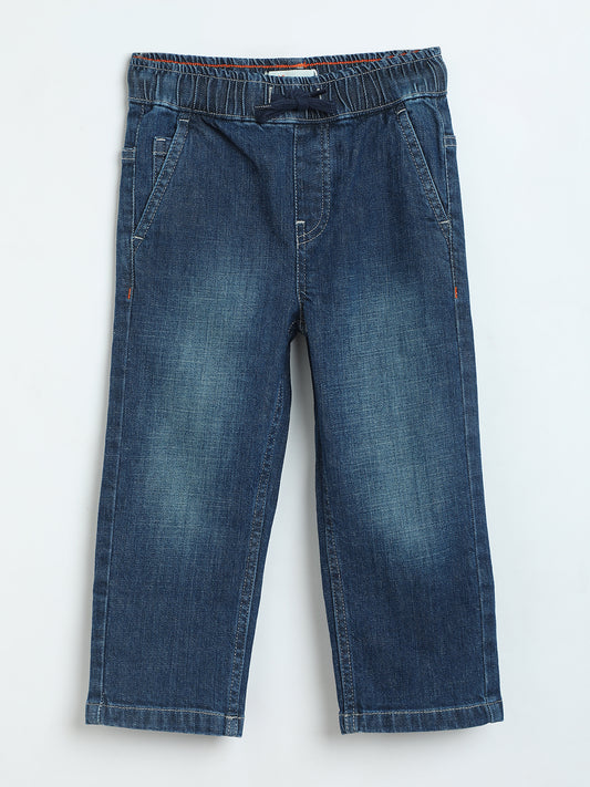 Boys Mid Blue Pullup Denim Pants | Soft Cotton Kids Casual Pants