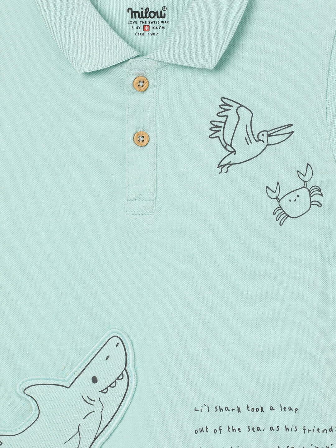 Milou Boys Cotton Bio-Washed Polo Neck T-Shirt Shark Print Mint Blue - Milou - Care. The Swiss WayPolo