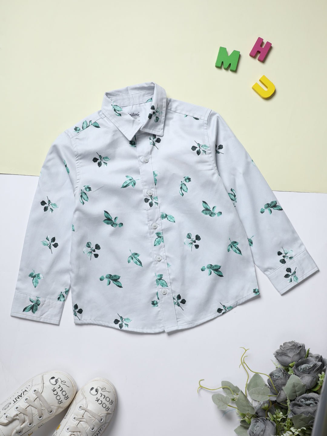 Milou Boys Full Sleeve Printed Bio-Washed Shirt Mint Leaf Print - Milou - Care. The Swiss WayShirt