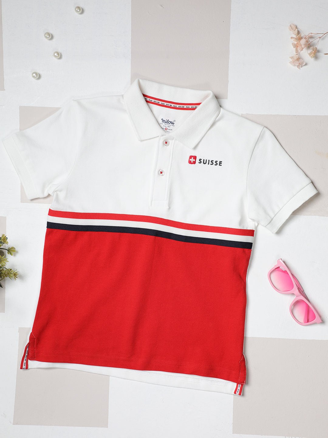 Milou Boys Half Sleeve Polo Neck T-Shirt White & Red - Milou - Care. The Swiss WayPolo