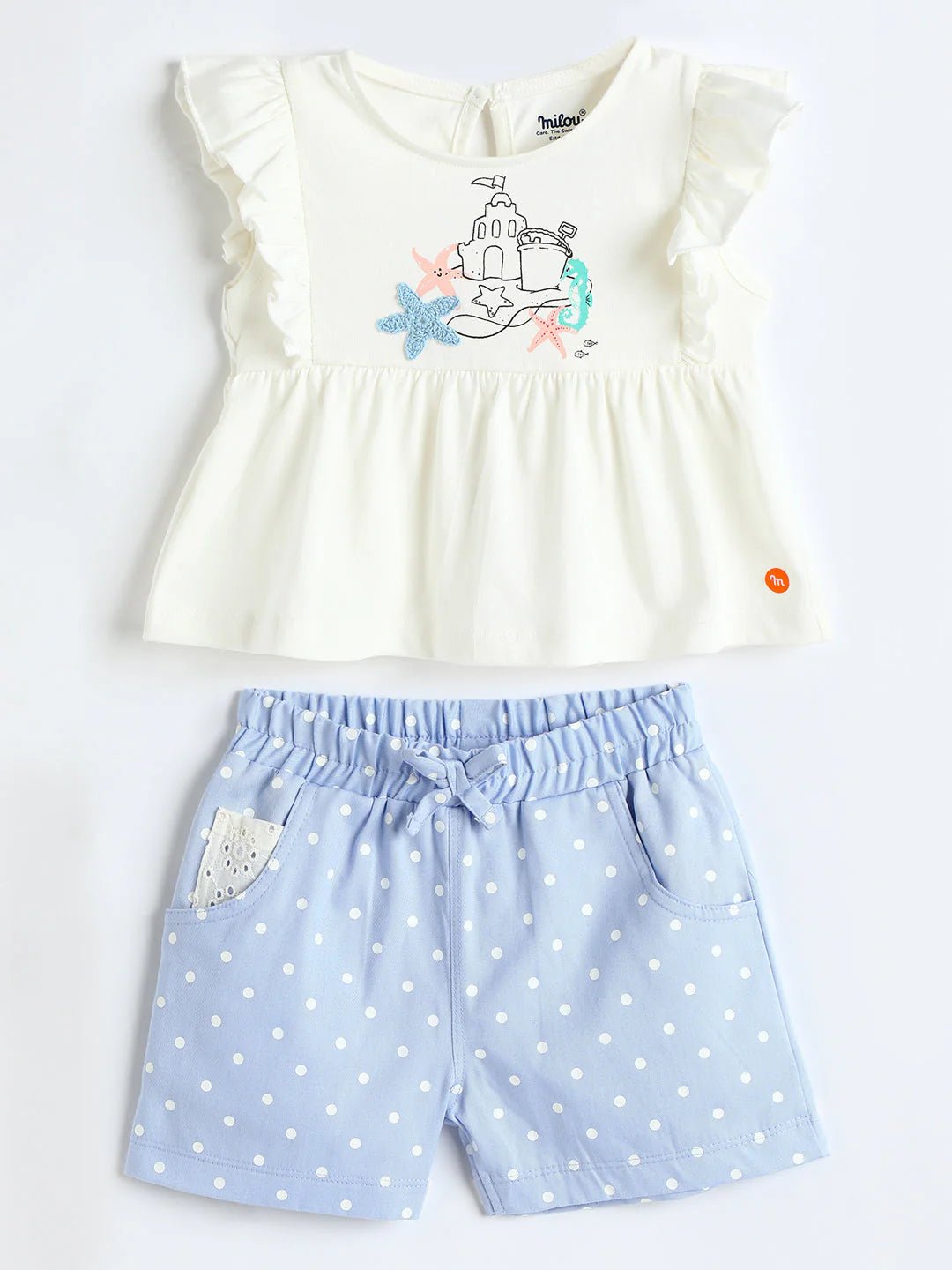 Milou Girls Cotton Top & Shorts Co-ord Set White & Blue Set - Milou - Care. The Swiss WaySets & Suits