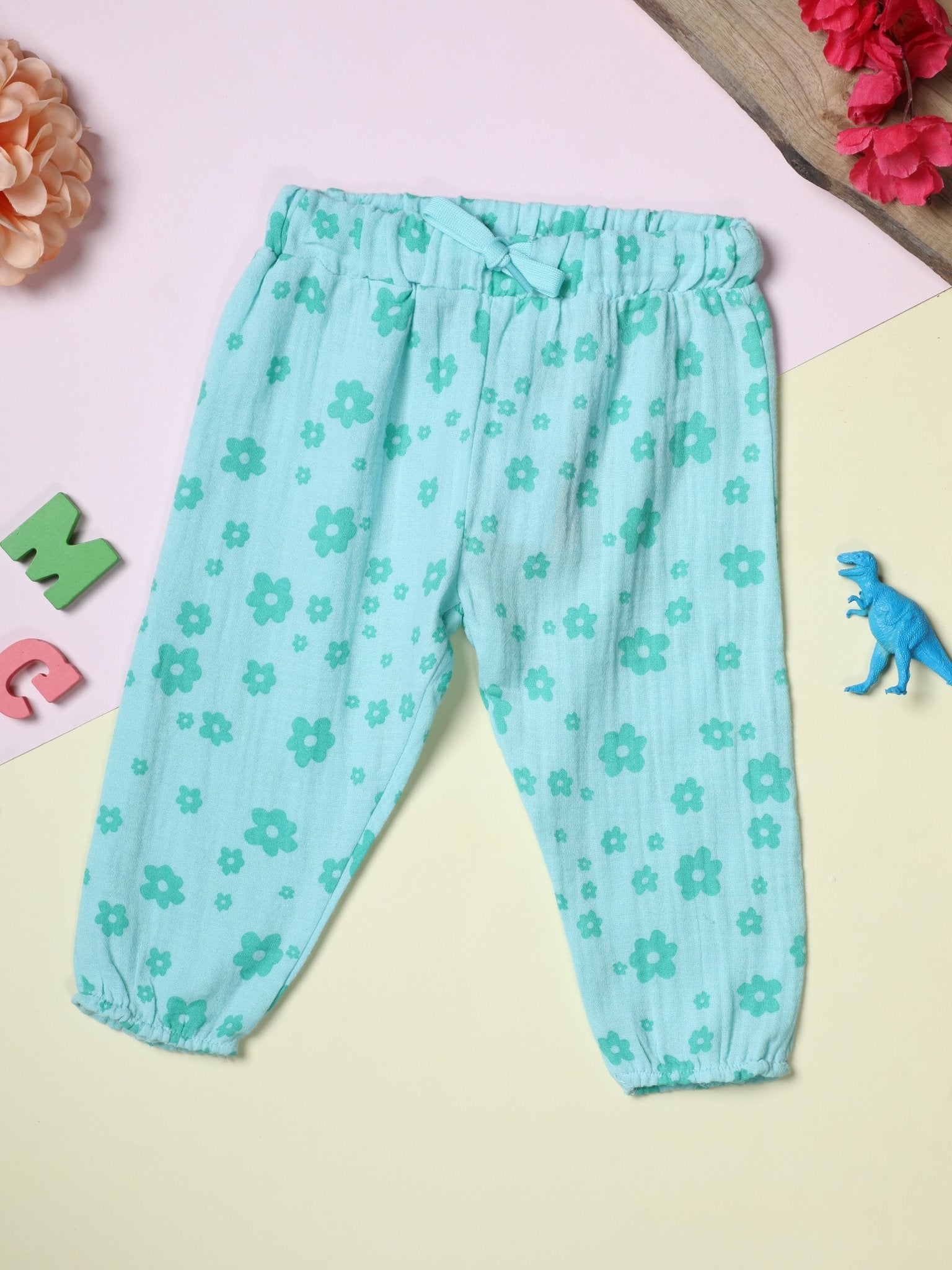 Milou Girls Printed Pull-Up Jogger Pants Mint Floral Print - Milou - Care. The Swiss WayJeans & Trousers